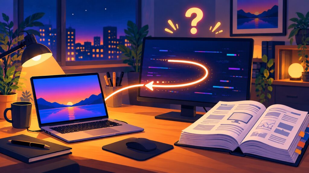 仕様書通りに動かないモニターに、送った信号が逆に作用するイメージ