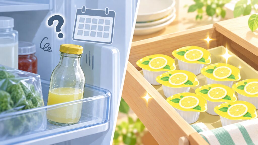 冷蔵庫で忘れられた瓶のレモン果汁と、引き出しに並ぶカップ型のレモンポーションの対比