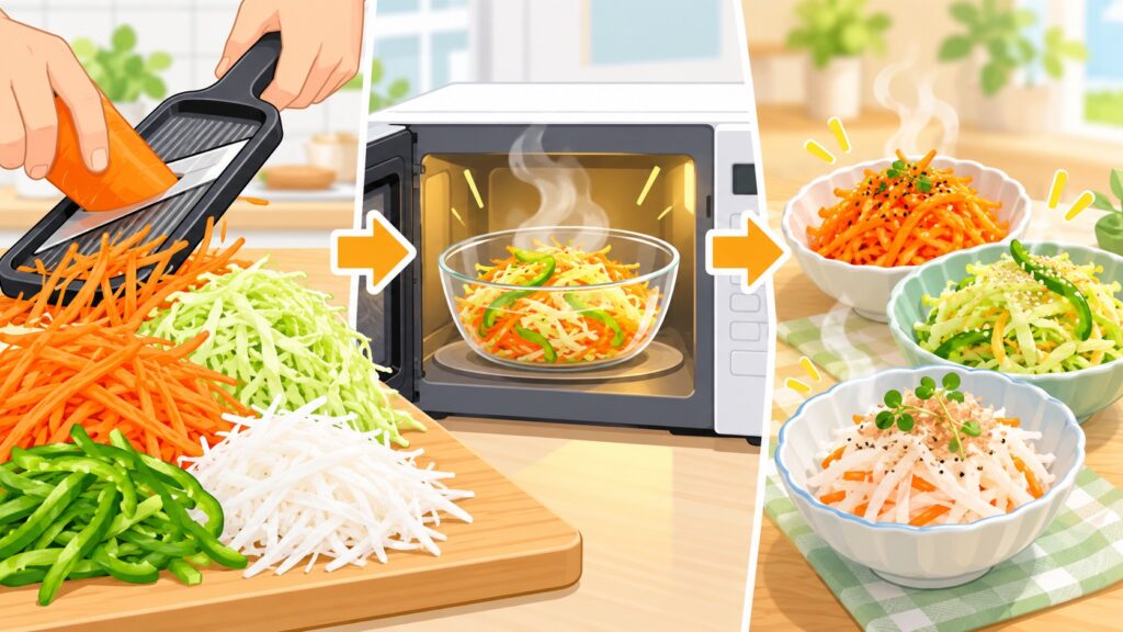 千切り野菜を電子レンジで温めて、いろいろな一品にする流れ