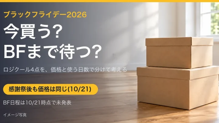 段ボール箱が置かれた部屋のイメージ写真に「今買う?BFまで待つ?」の見出しを重ねたアイキャッチ