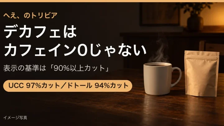 夜のテーブルに置かれた湯気の立つマグカップと無地の袋のイメージ写真。「デカフェはカフェイン0じゃない」の見出し入り