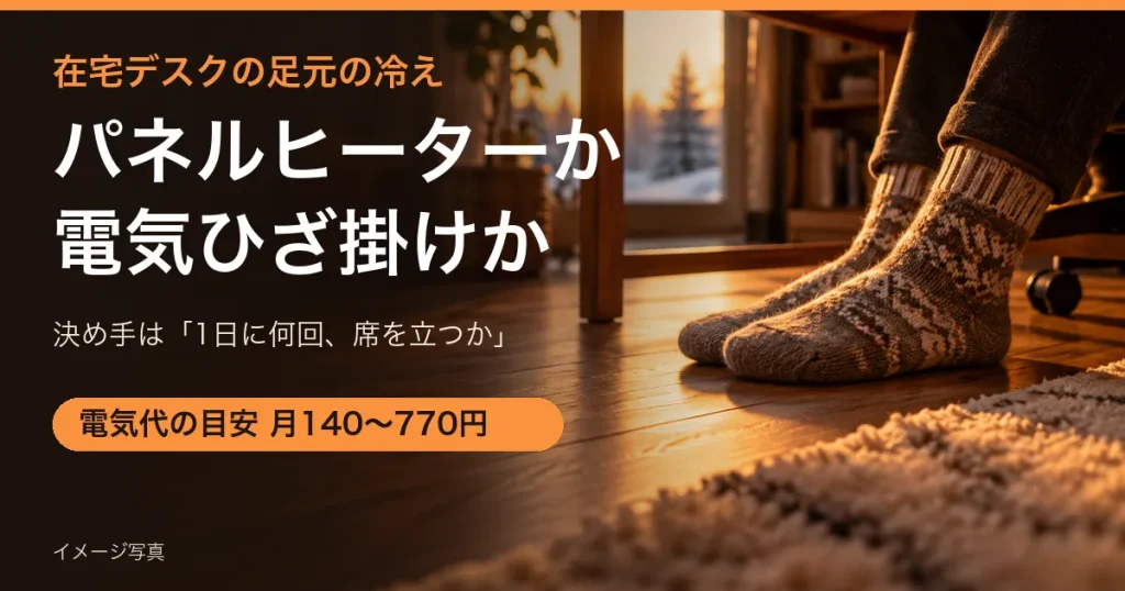 冬の夕方、机の下でウールの靴下をはいた足元のイメージ写真。見出し「パネルヒーターか電気ひざ掛けか」