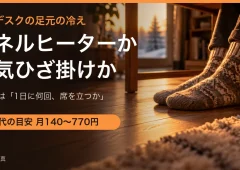 冬の夕方、机の下でウールの靴下をはいた足元のイメージ写真。見出し「パネルヒーターか電気ひざ掛けか」