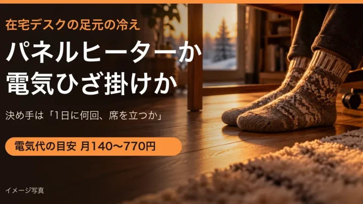 冬の夕方、机の下でウールの靴下をはいた足元のイメージ写真。見出し「パネルヒーターか電気ひざ掛けか」