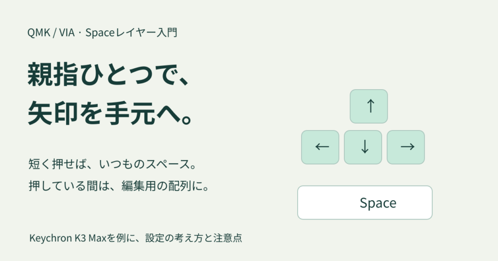 スペースキーの下に、もう一枚のキーボード。QMKで矢印を手元へ