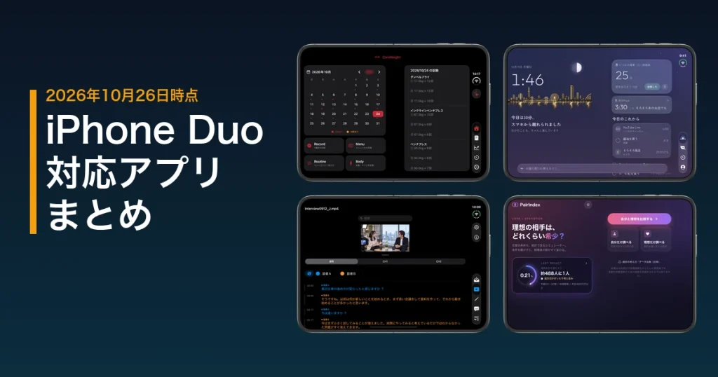 iPhone Duo対応アプリまとめの見出し画像。CoreWeight、MellowPace、Voxtext、PairIndexの4つのアプリを、iPhone Duoを開いた横向きの公式ベゼルに載せた画面例。