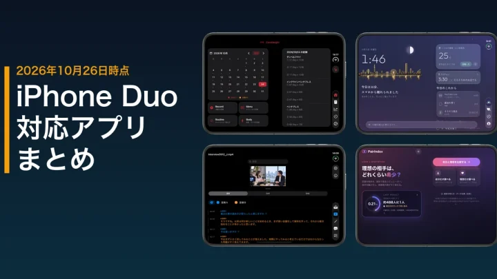 iPhone Duo対応アプリまとめの見出し画像。CoreWeight、MellowPace、Voxtext、PairIndexの4つのアプリを、iPhone Duoを開いた横向きの公式ベゼルに載せた画面例。