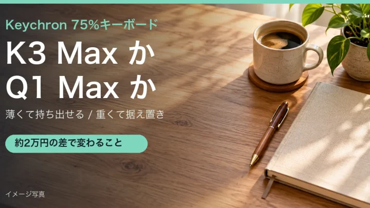 木のデスクにコーヒーと手帳を置いたイメージ写真(Keychron K3 MaxとQ1 Maxの比較記事のアイキャッチ)