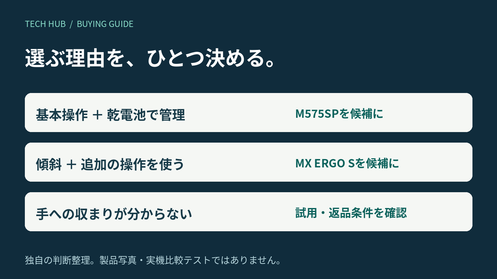 基本操作と乾電池管理ならM575SP、傾斜と追加操作を使いたいならMX ERGO S、手への収まりが不明なら試用や返品条件を先に確認する独自の判断図。