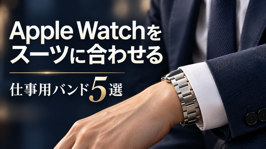 Apple Watchをスーツに合わせる 仕事用バンド5選。紺のスーツと白い袖口にシルバーのメタルバンドを合わせたイメージ